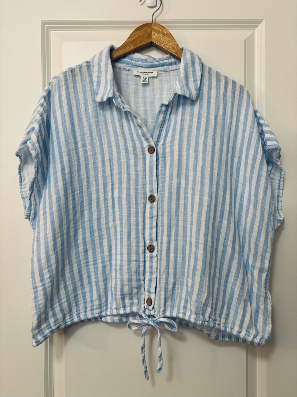 beachlunchlounge Blue Striped 100% Cotton Cinch Hem Cap-Sleeve Top, Size XL